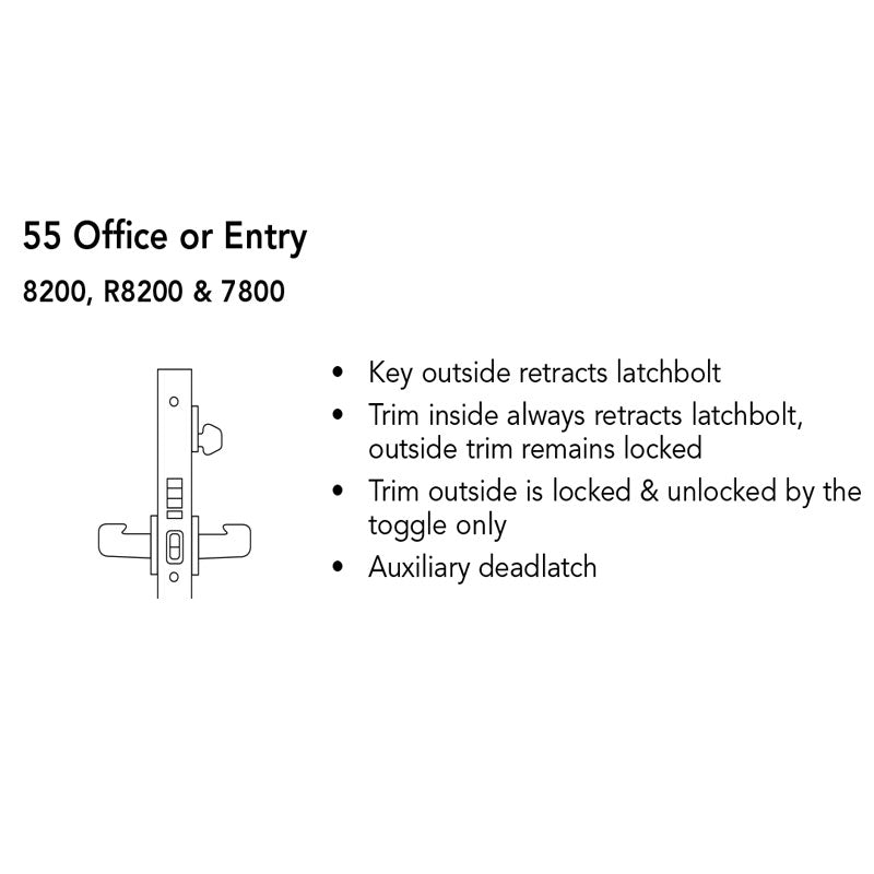 Sargent LC-8255-LNMI Office or Entry Mortise Lock, MI - Lever, LN - Rose, Field Reversible, Less Cylinder