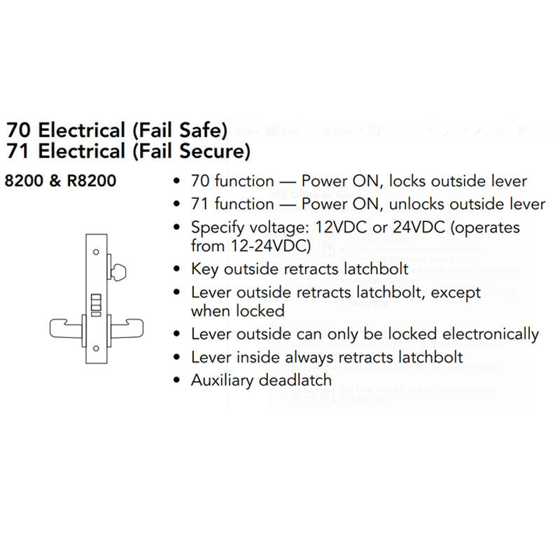 Sargent 70-8271-12V-LNMI-26D Electric Mortise Lock, Fail Secure, 12V, SFIC Less Core, LN Rose, MI Lever, Field Reversible, Satin Chrome